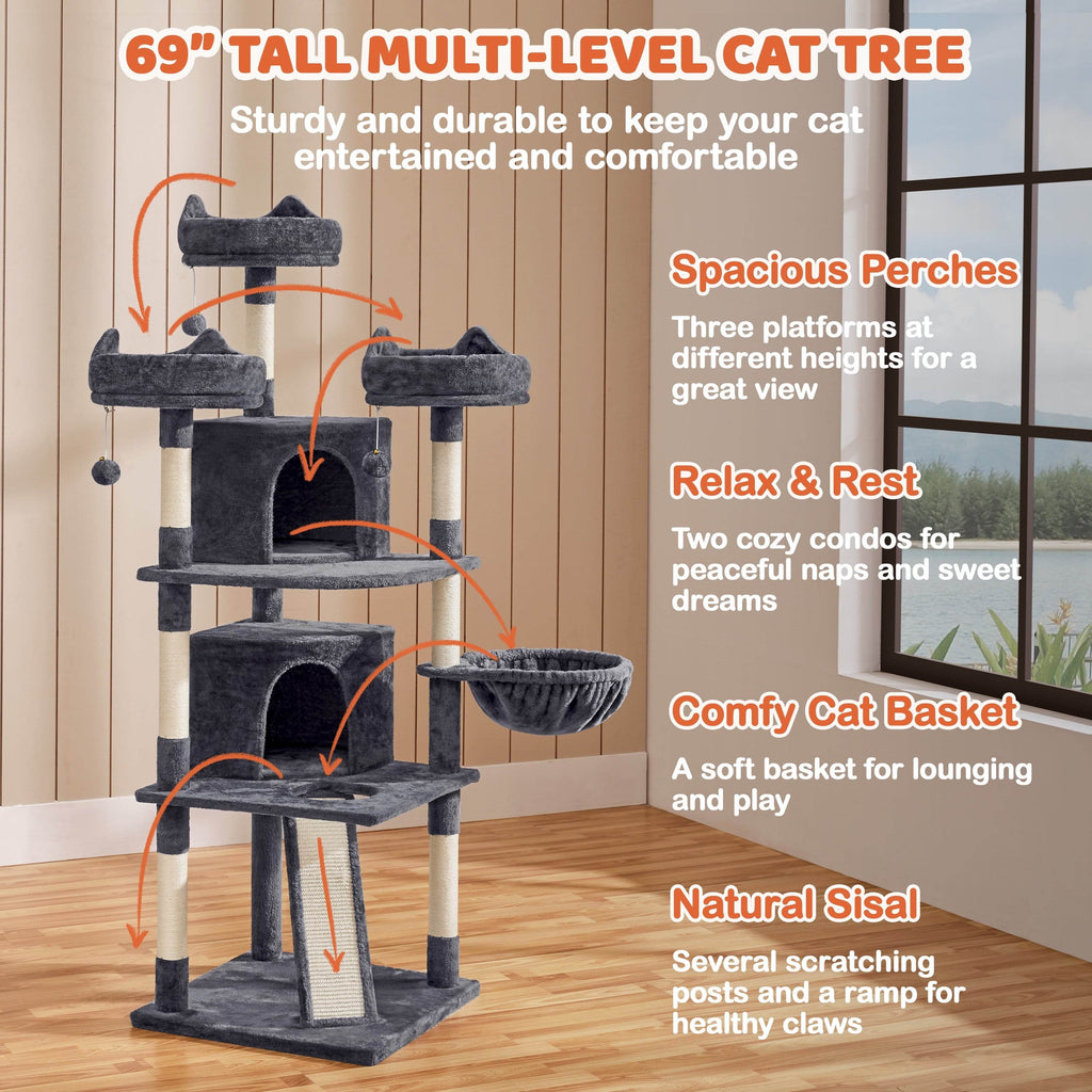 Dark gray 69in-style multi-level cat tree tower with multiple perches and condos
