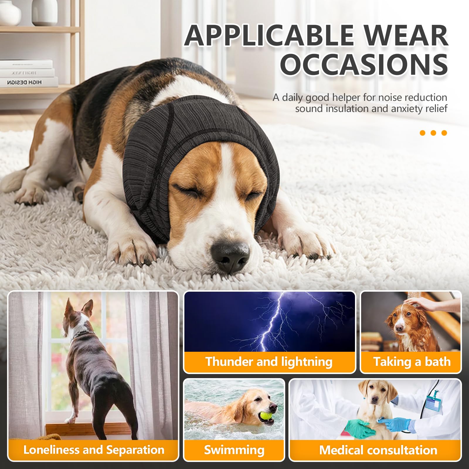 Dog head wrap, dark gray fabric on lying dog's ears and face