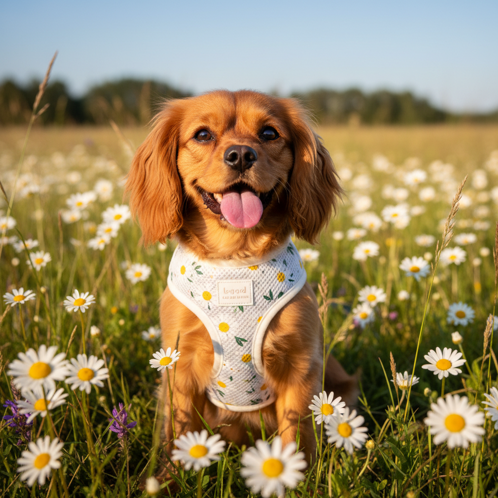 White daisy-print mesh harness vest on a small dog, with front chest straps