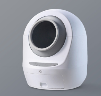 Automatic enclosed smart cat litter box with circular entry, angled view