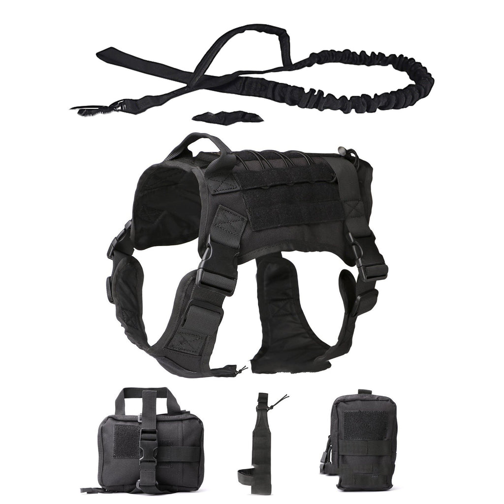 Black tactical dog harness set with padded chest, front strap, and matching accessory pouches