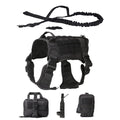 Black tactical dog harness set with padded chest, front strap, and matching accessory pouches