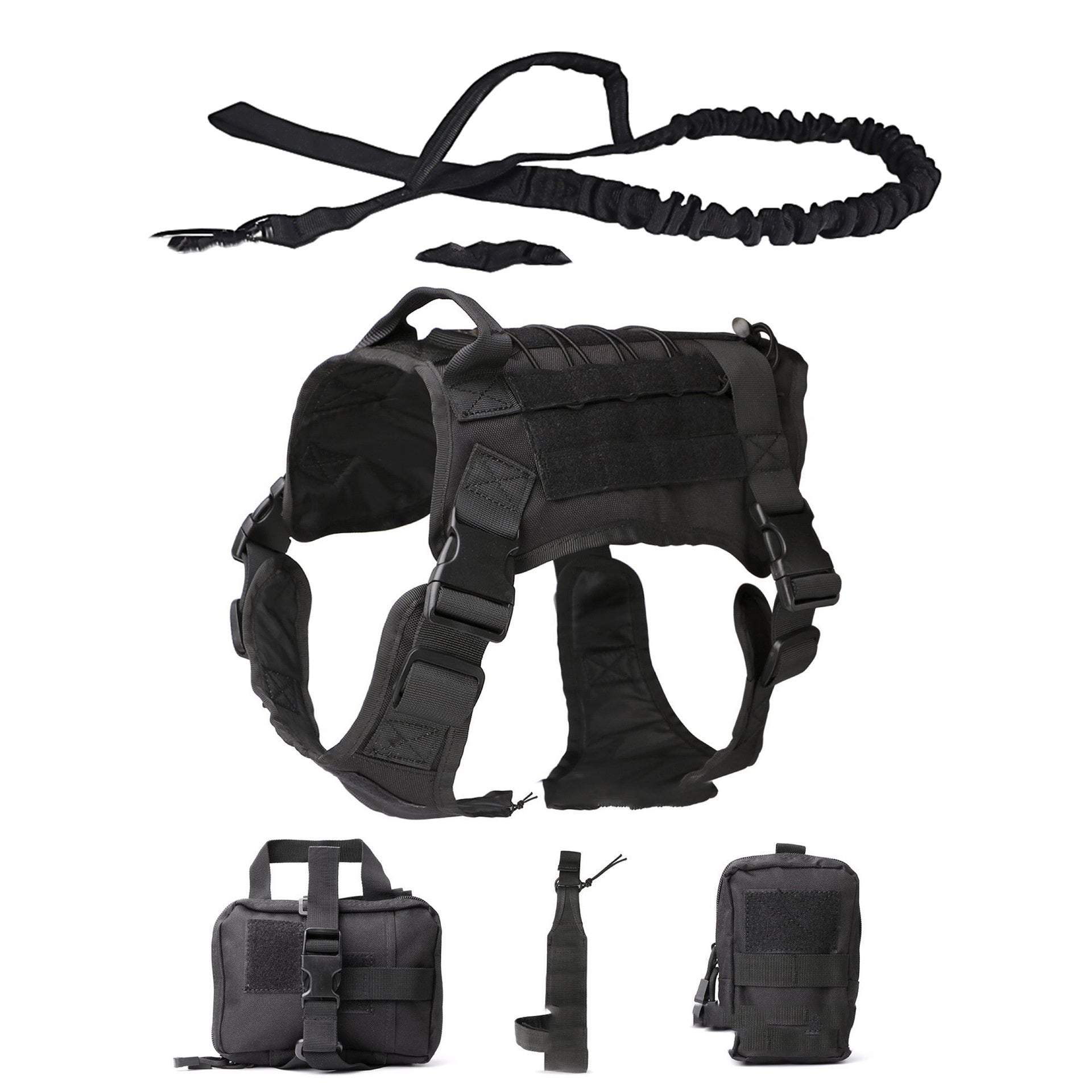Black tactical dog harness set with padded chest, front strap, and matching accessory pouches