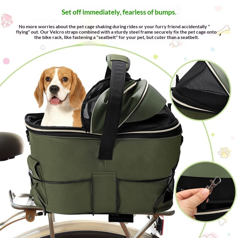 Green rear-mounted pet basket with front mesh window, black strap, dog sitting inside