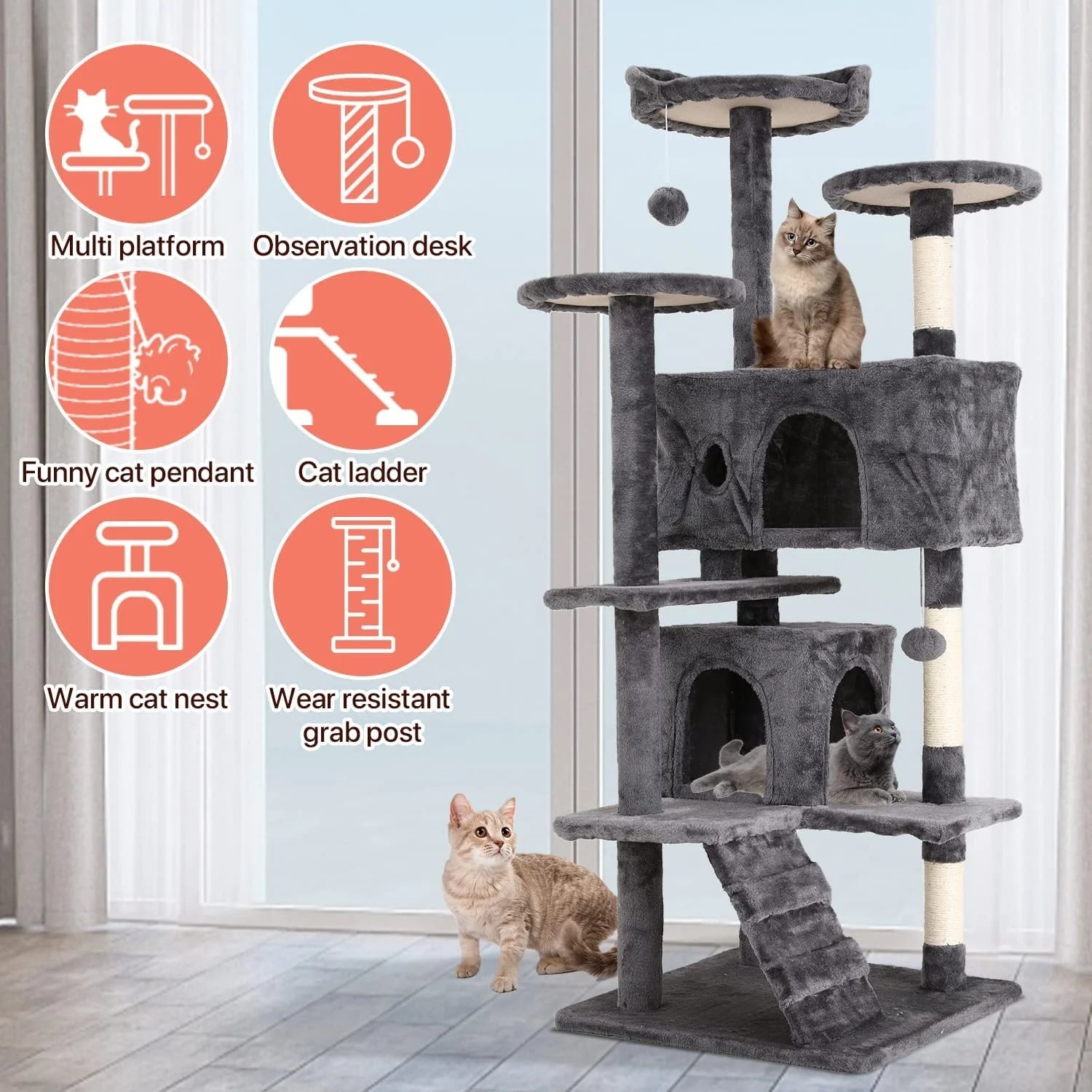 Gray cat tree tower with multi platforms, cat ladder, observation deck, and warm nest icons