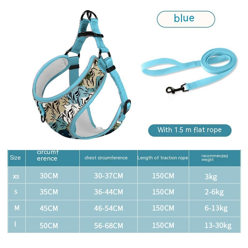 Dog vest harness in tiger-skin blue with matching blue leash rope and adjustable straps