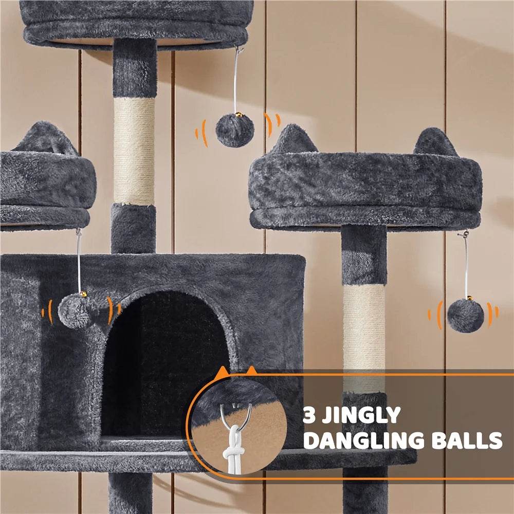 Dark gray hammock-style cat bed with two dangling balls and a top perch