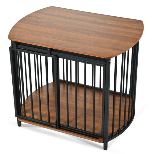 Wood-top dog crate with vertical bars and rounded end-table frame, dark metal.