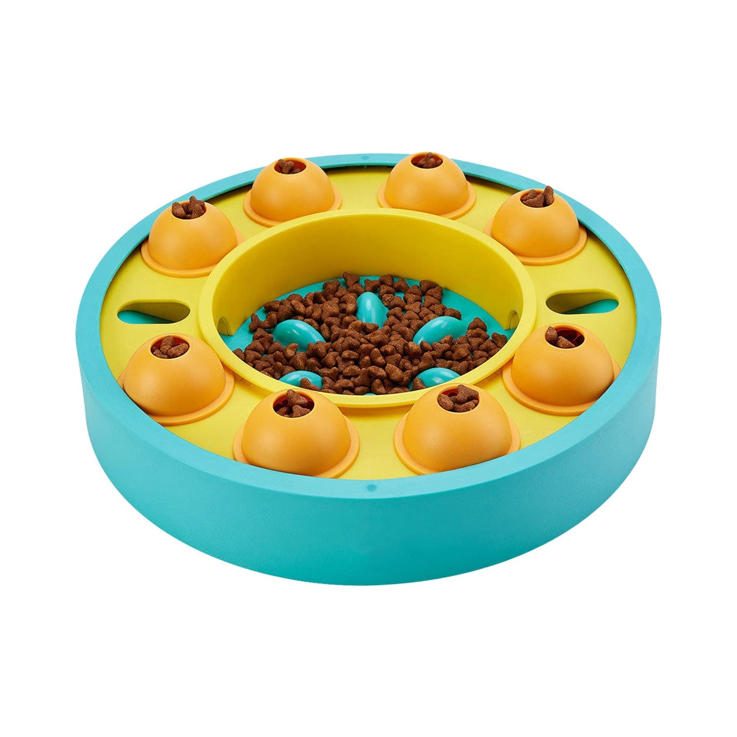 Slow feeding puzzle dog bowl filled with kibble and teal center, orange treat pods