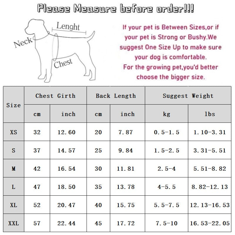 Dog jumpsuit size chart with neck, chest girth, back length, and suggested weight by size