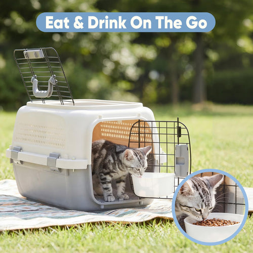 Airline-approved pet carrier crate with cat and food bowl, wire front door