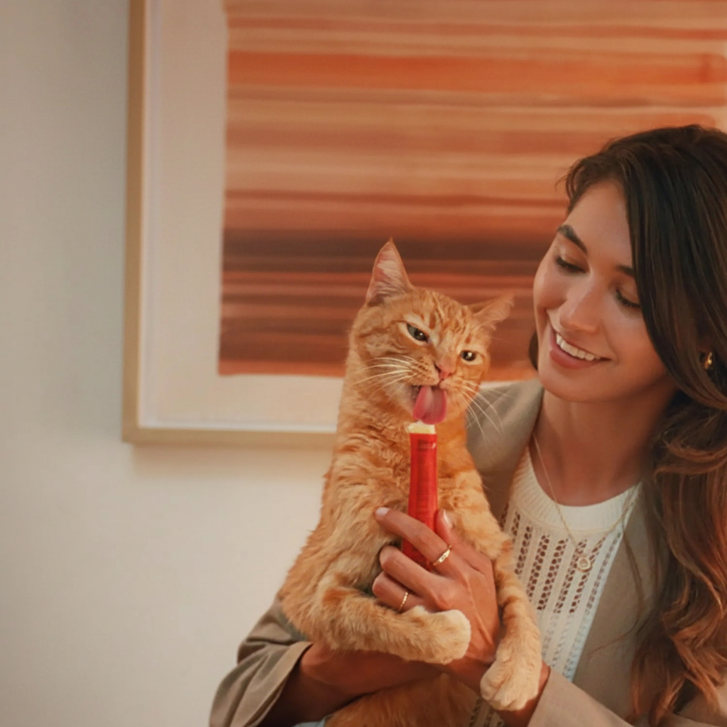 Creamy puree cat treat squeeze tubes, held by orange tabby cat