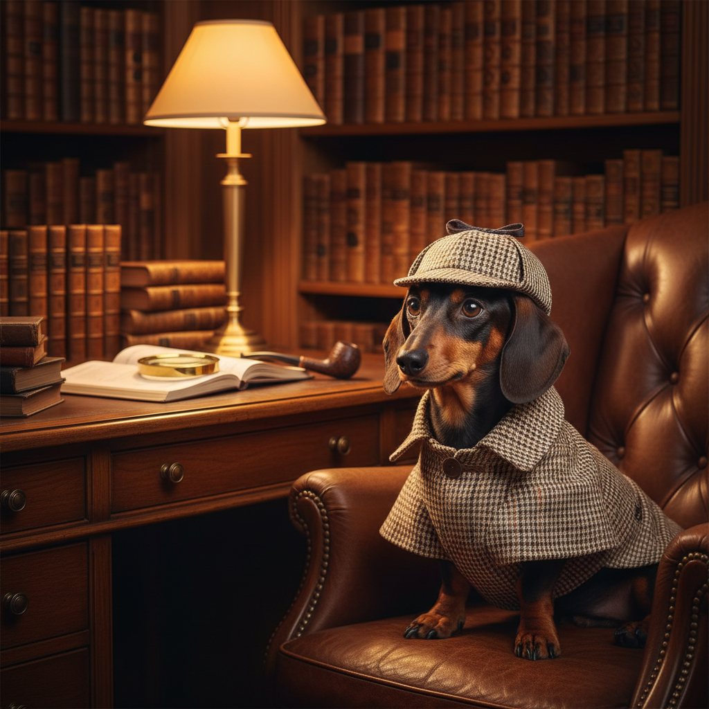 Camel plaid detective-style dog costume with hooded cloak and matching hat