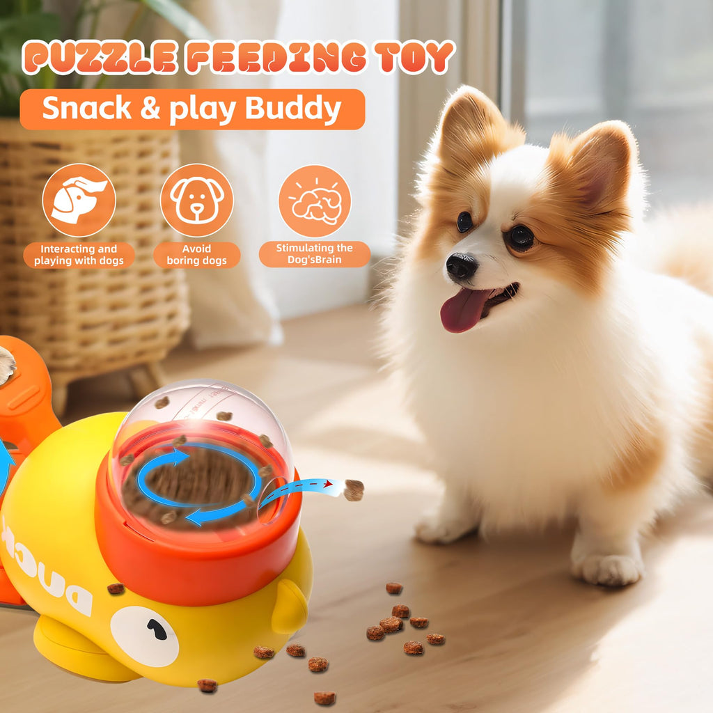 Yellow duck-shaped interactive treat dispenser toy with clear dome and orange base.