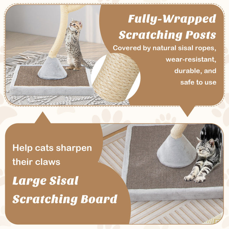Gray cat tree with fully wrapped sisal scratching posts and large gray scratching base