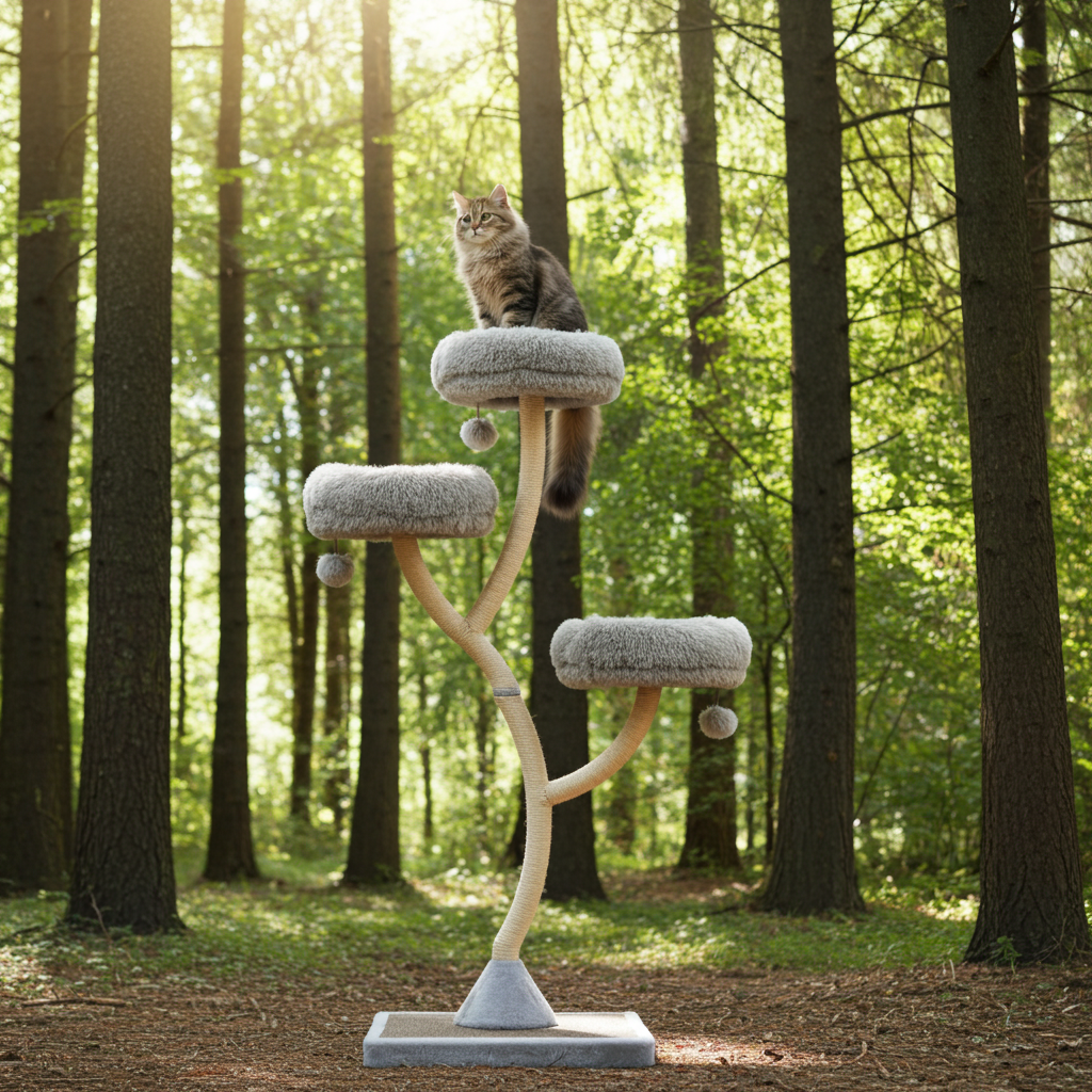 Gray cat tree tower with three plush perches and sisal scratching posts, cat on top