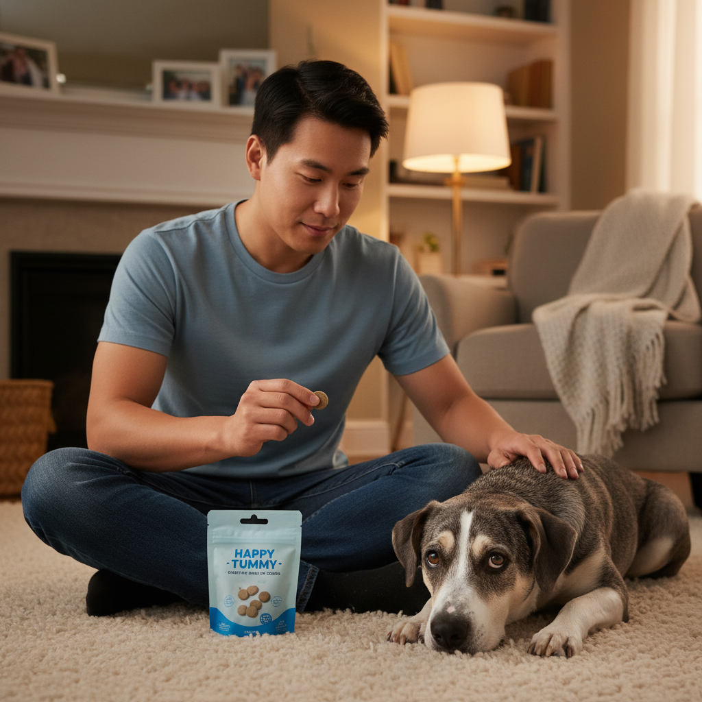 Dog anti-diarrhea chew pouch, Happy Tummy, front view on floor