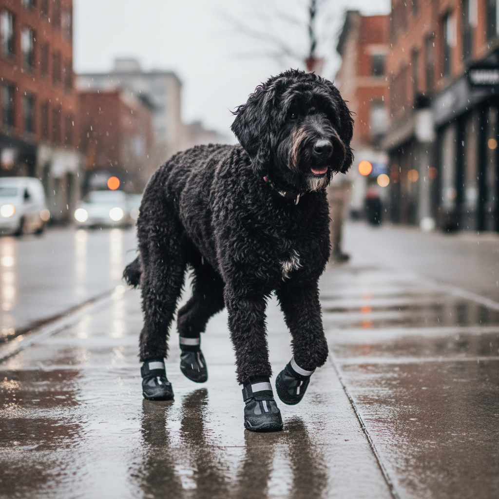 Non-slip fleece-lined dog boots on dark dog, with reflective straps, in wet street