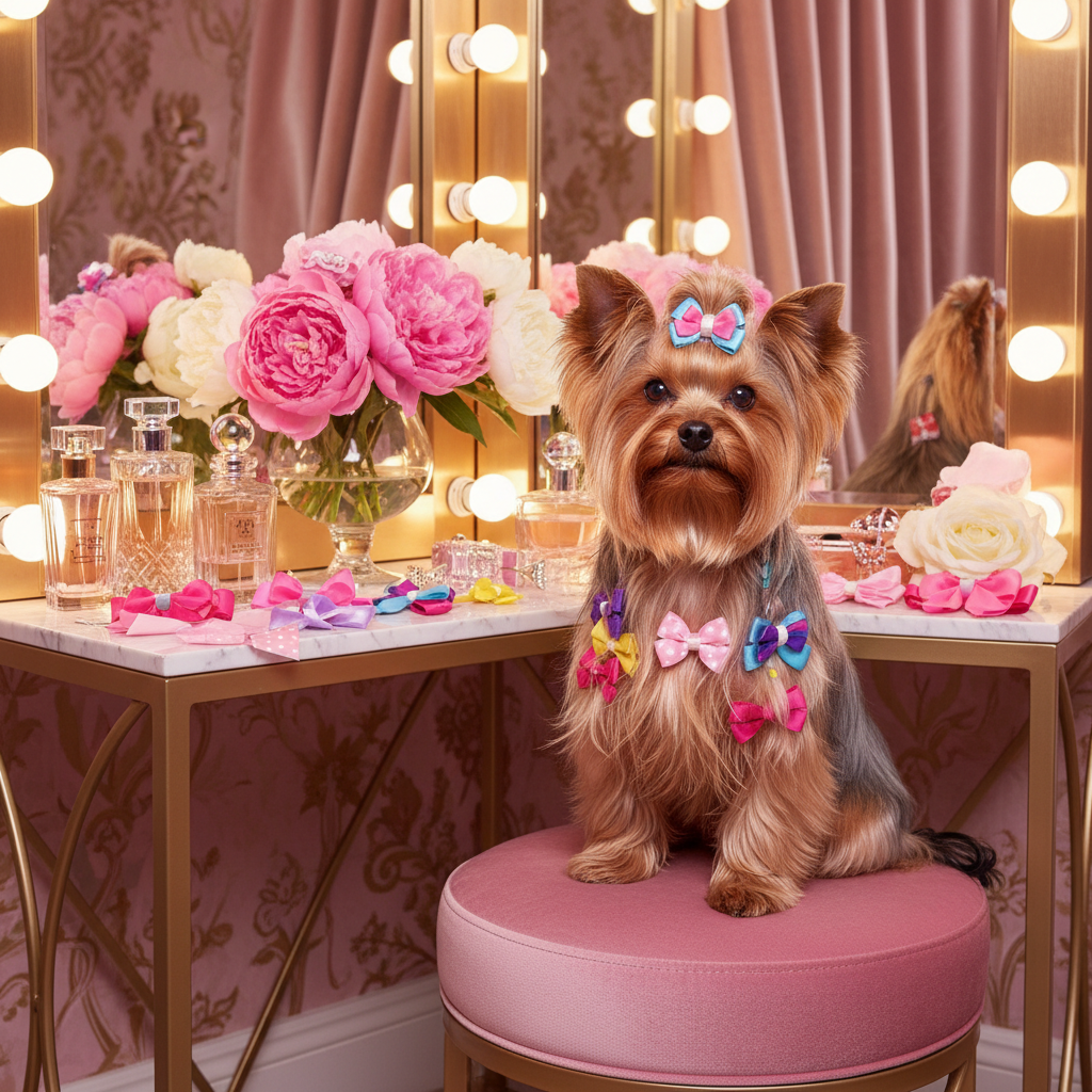 Dog hair bows with alligator clips; small dog wearing pink and multicolor ribbon bows