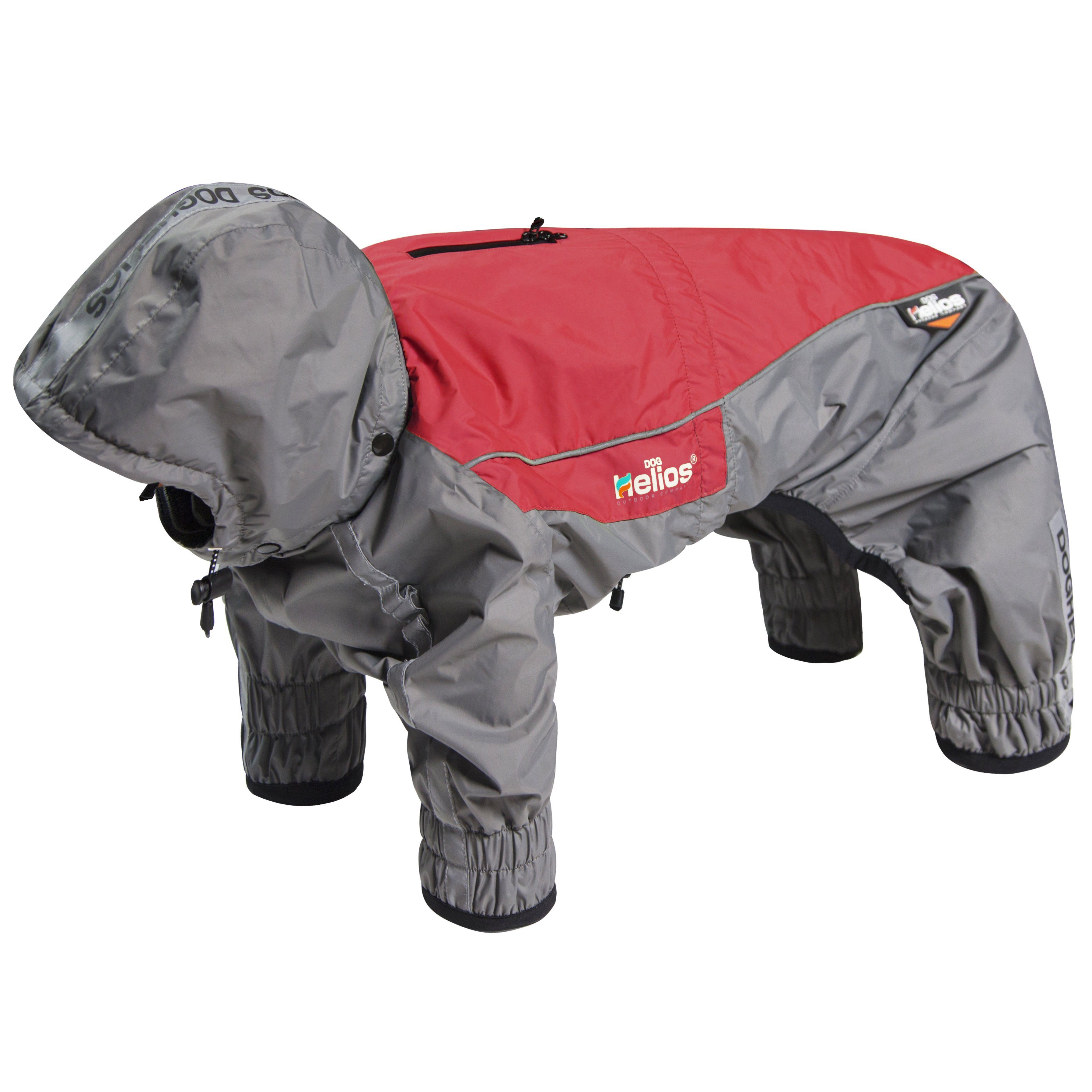 Red full-body winter dog coat with hood, padded legs and wraparound front