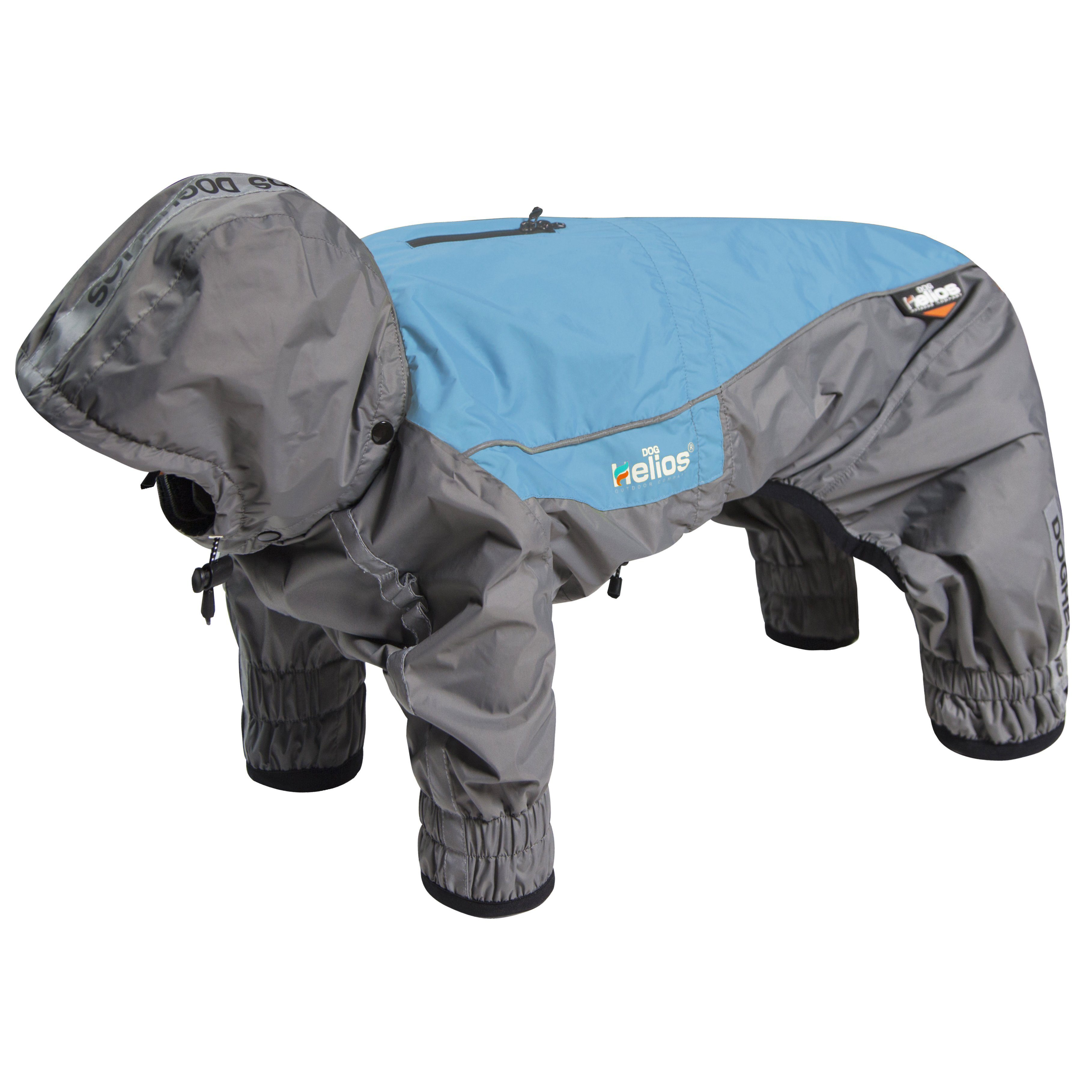 Blue full-body winter dog coat with hood, padded legs and wraparound front