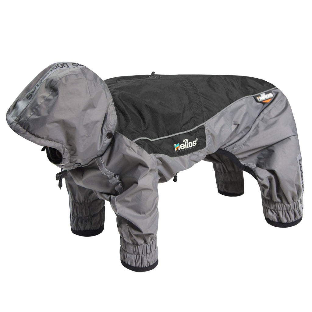 Black full-body winter dog coat with hood, padded legs and wraparound front