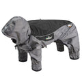 Black full-body winter dog coat with hood, padded legs and wraparound front