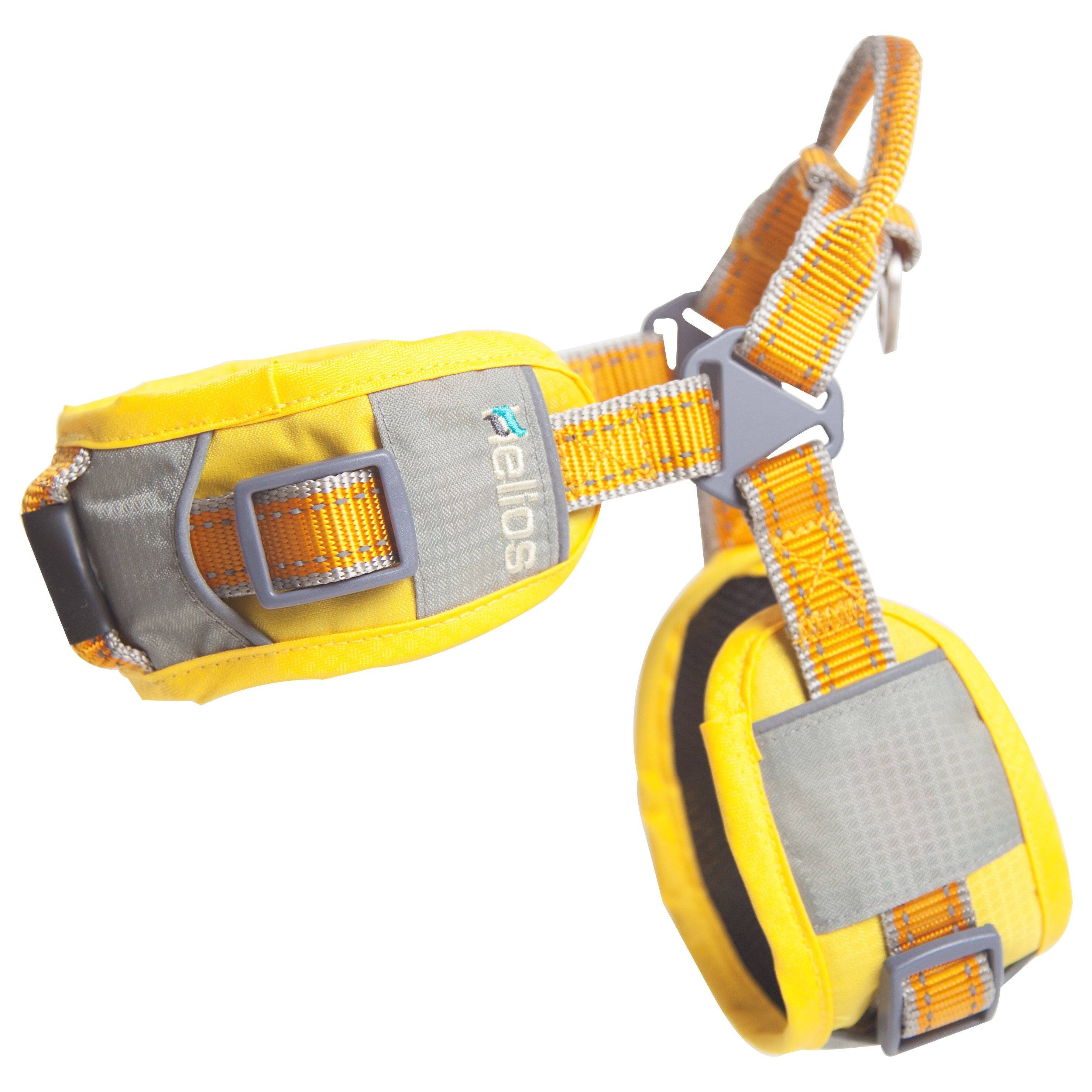Yellow reflective dog harness with adjustable straps and matching leash