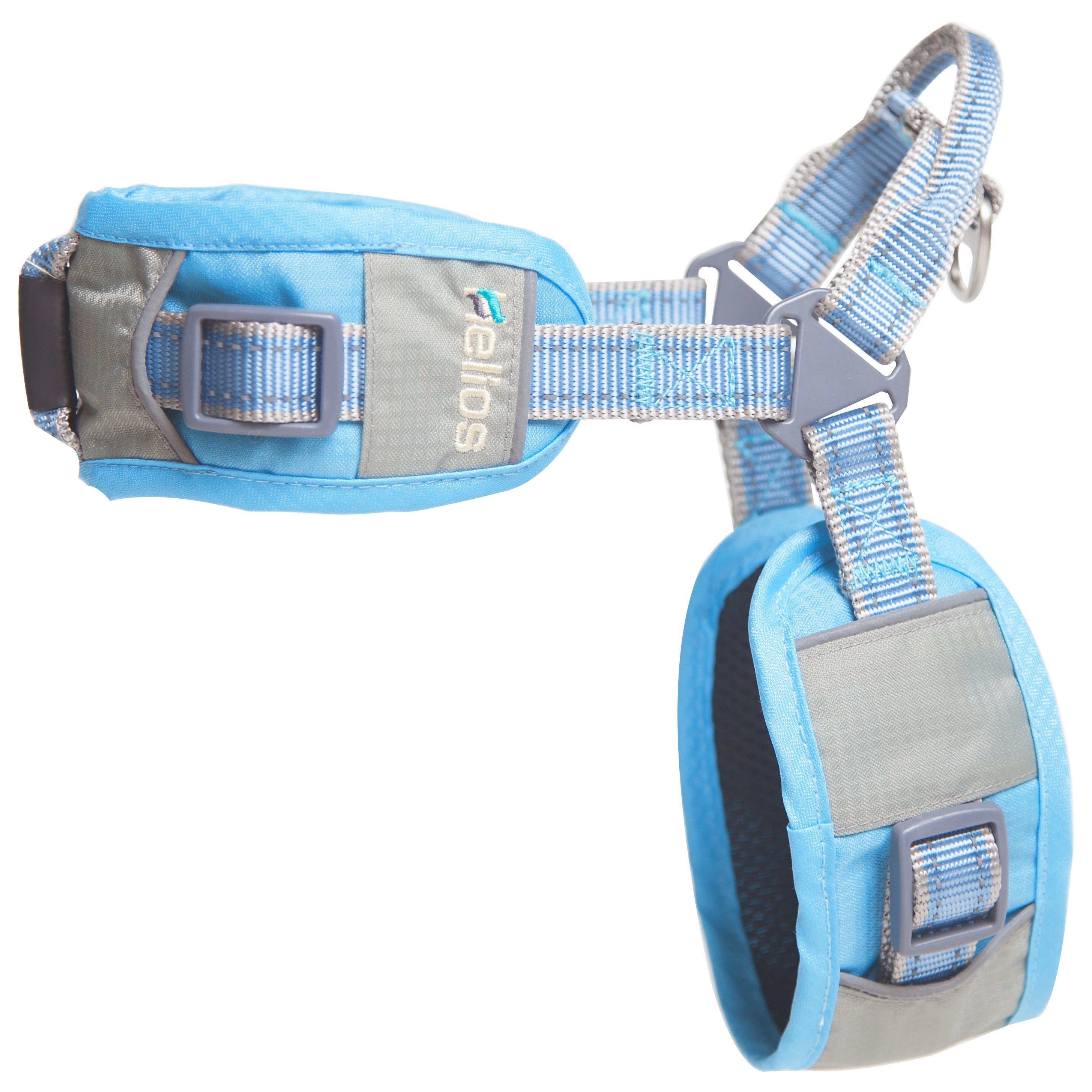 Blue reflective dog harness with adjustable straps and matching leash