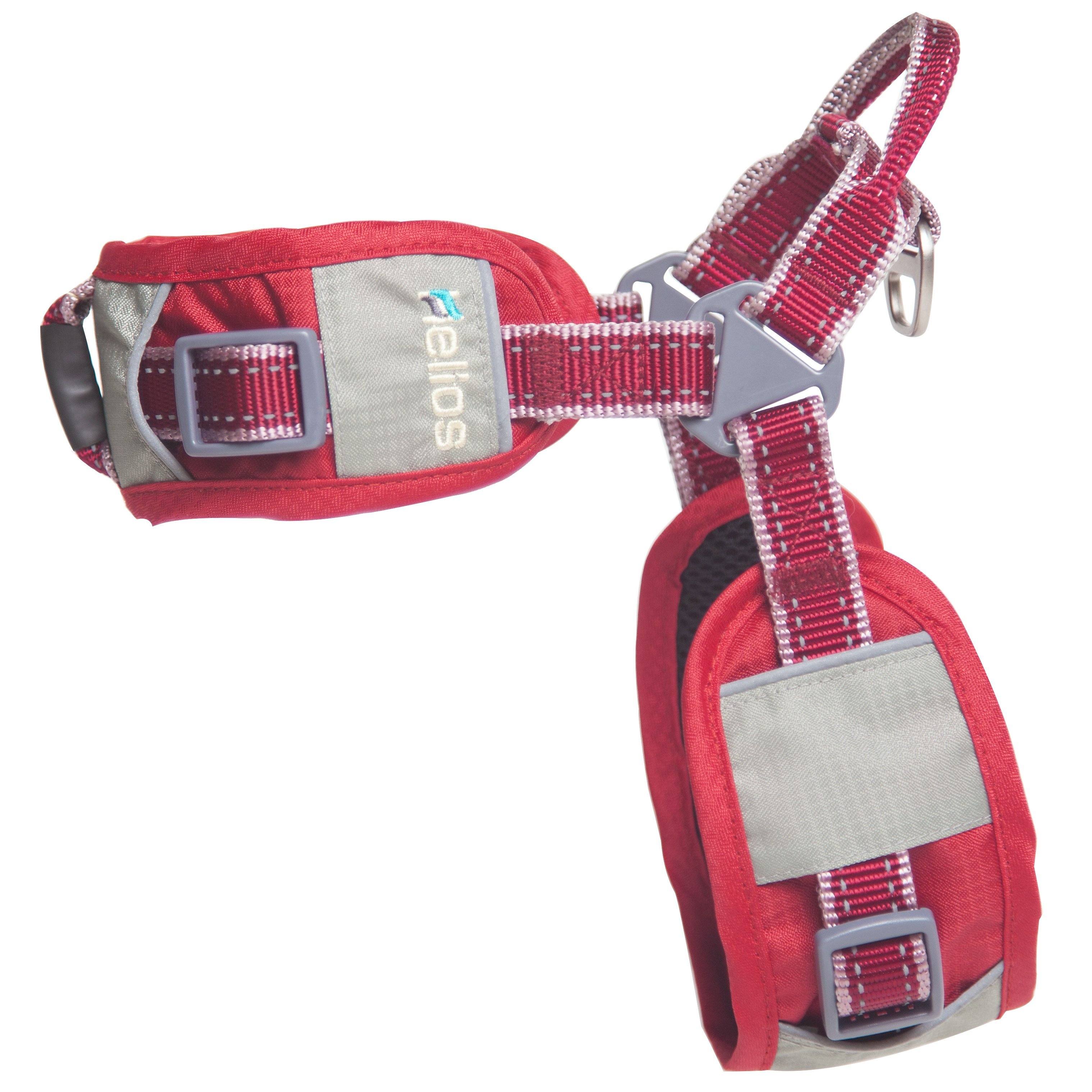 Red reflective dog harness with adjustable straps and matching leash
