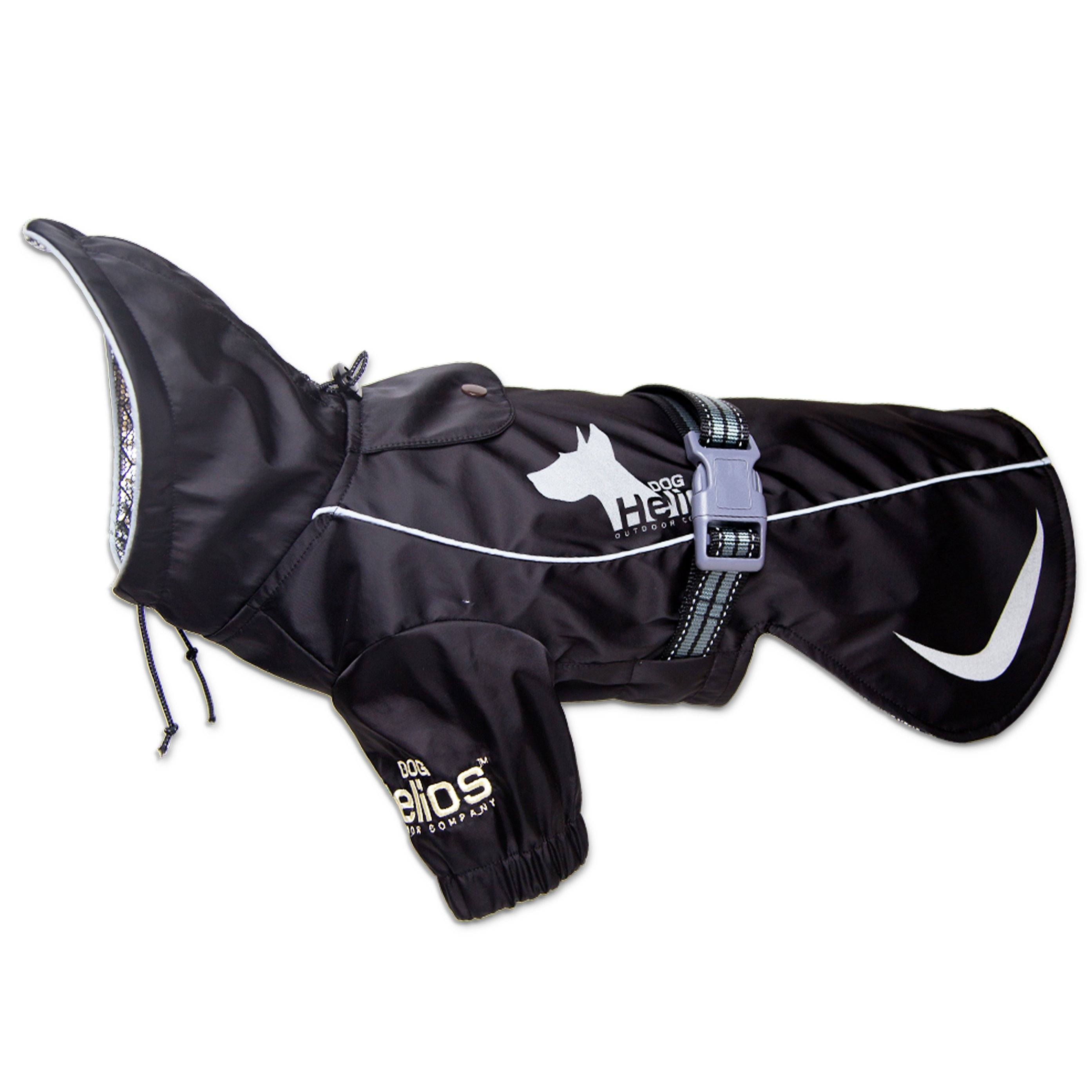 Black hooded extendable dog coat with reflective trim and adjustable chest strap