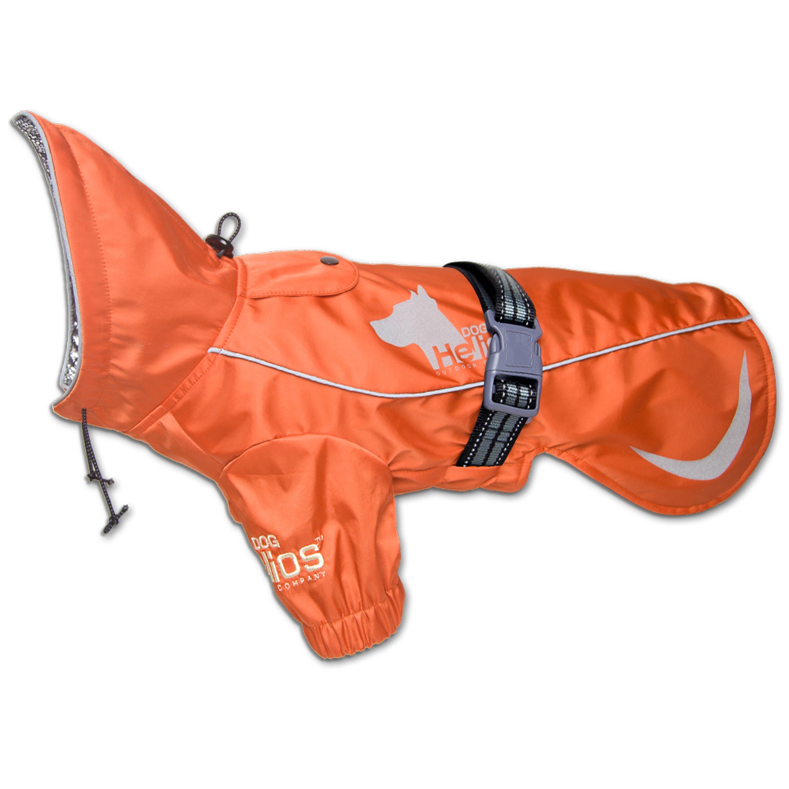 Orange hooded extendable dog coat with reflective piping and adjustable chest strap