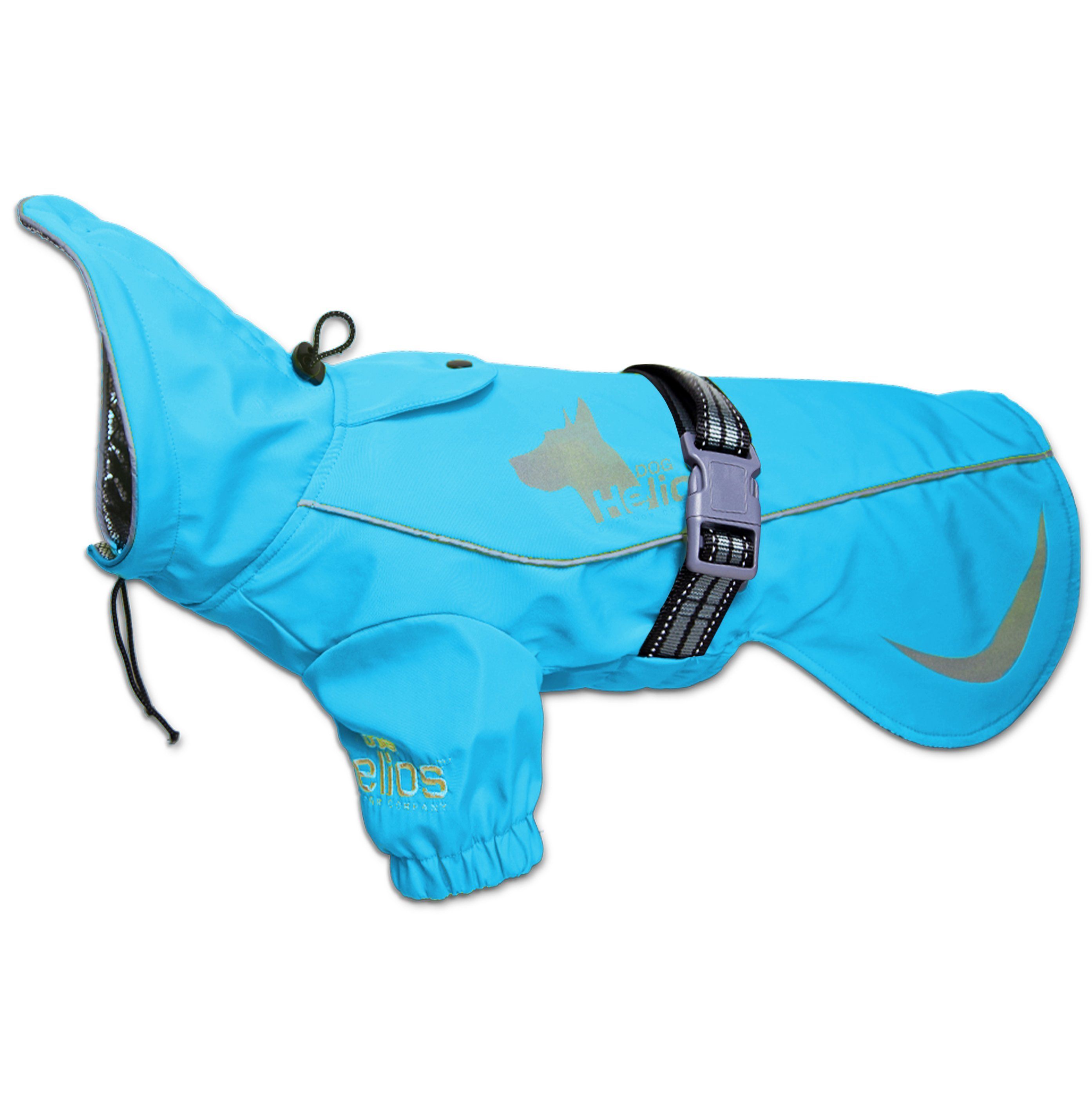 Blue hooded extendable dog coat with reflective trim and adjustable chest strap