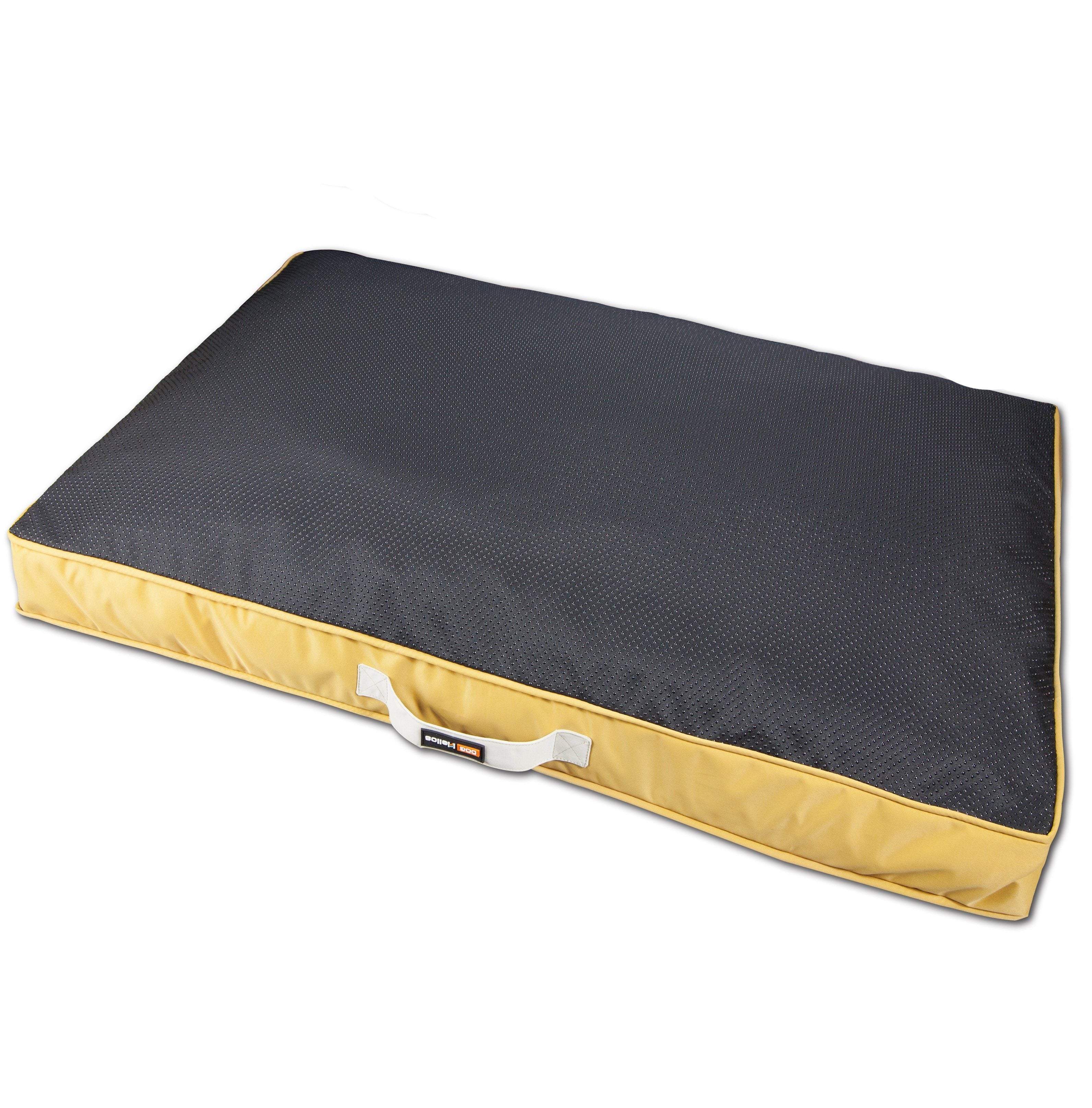 Dark charcoal waterproof rectangular travel dog bed mat with yellow trim and carry handle