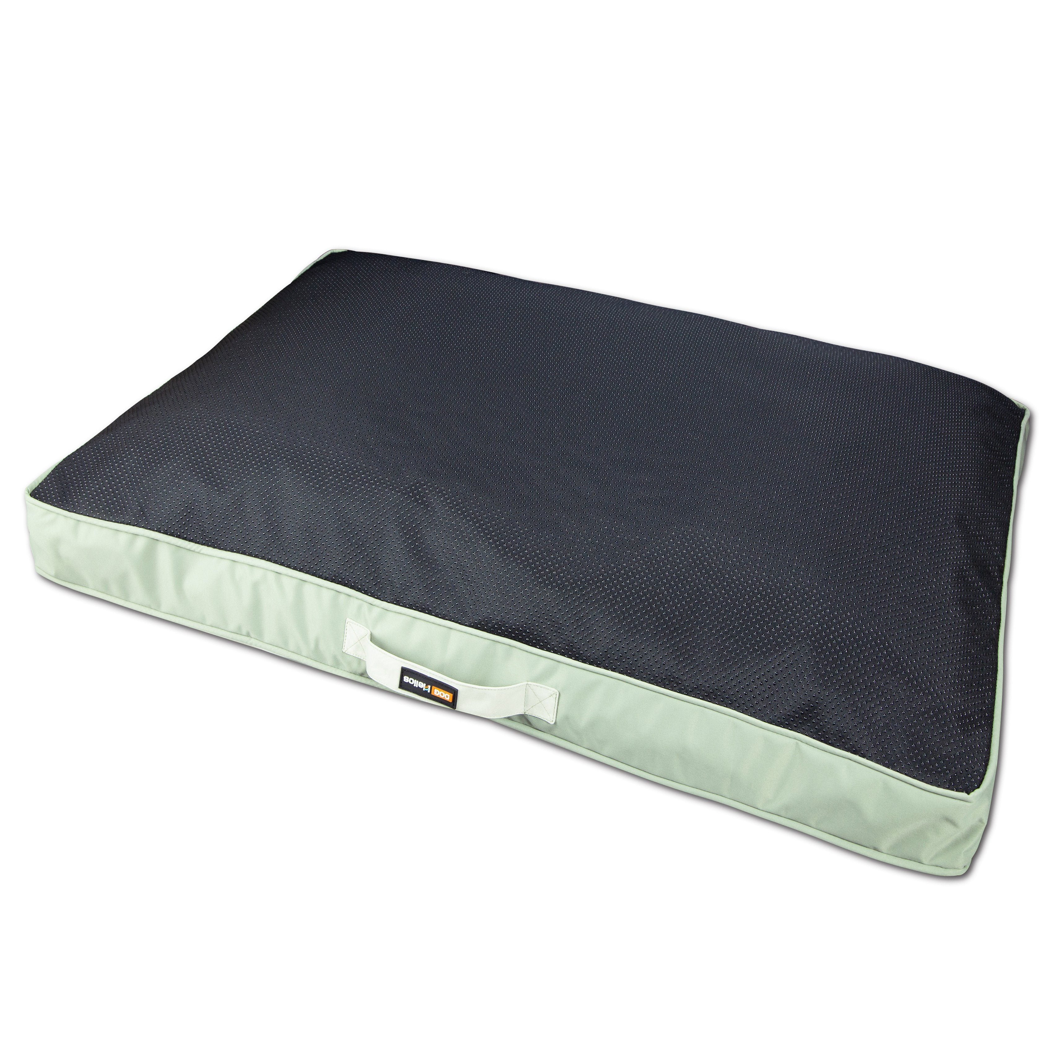 Dark charcoal waterproof rectangular travel dog bed mat with mint-green trim and handle
