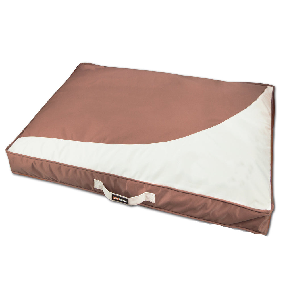 Brown waterproof rectangular travel dog bed mat, smooth top with white side panel