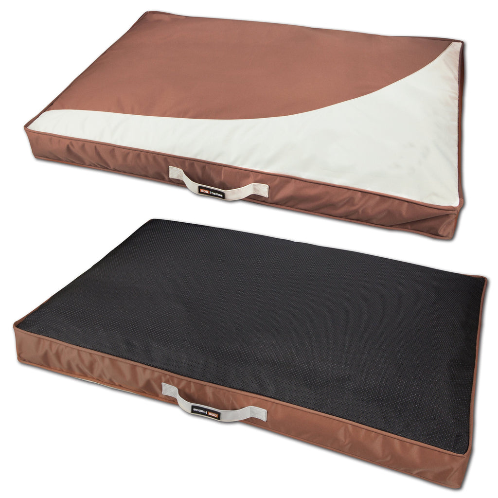 Brown waterproof rectangular travel dog bed mat with white side panel and handle strap
