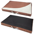Brown waterproof rectangular travel dog bed mat with white side panel and handle strap