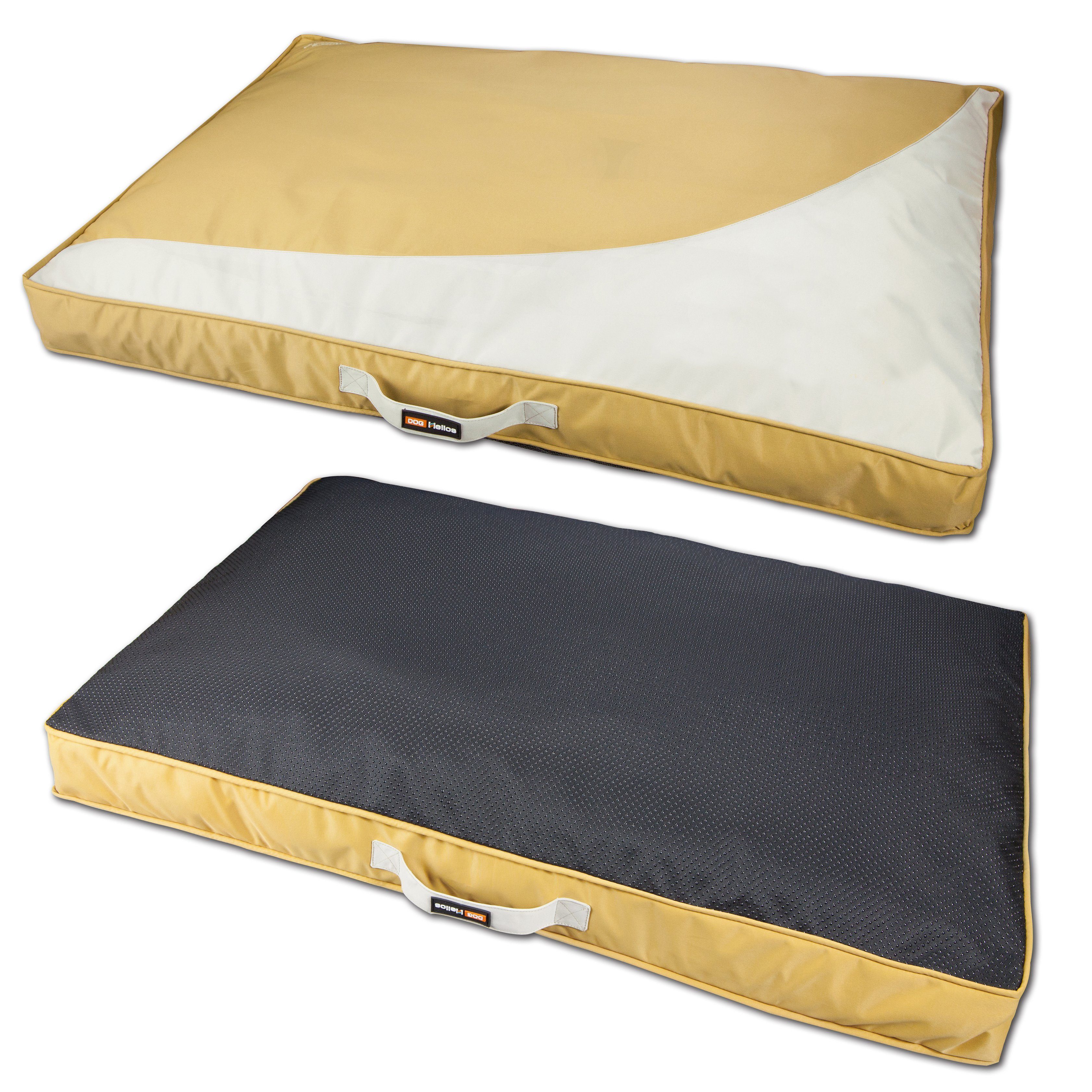 Yellow waterproof rectangular travel dog bed mat with white side panel and carry handle