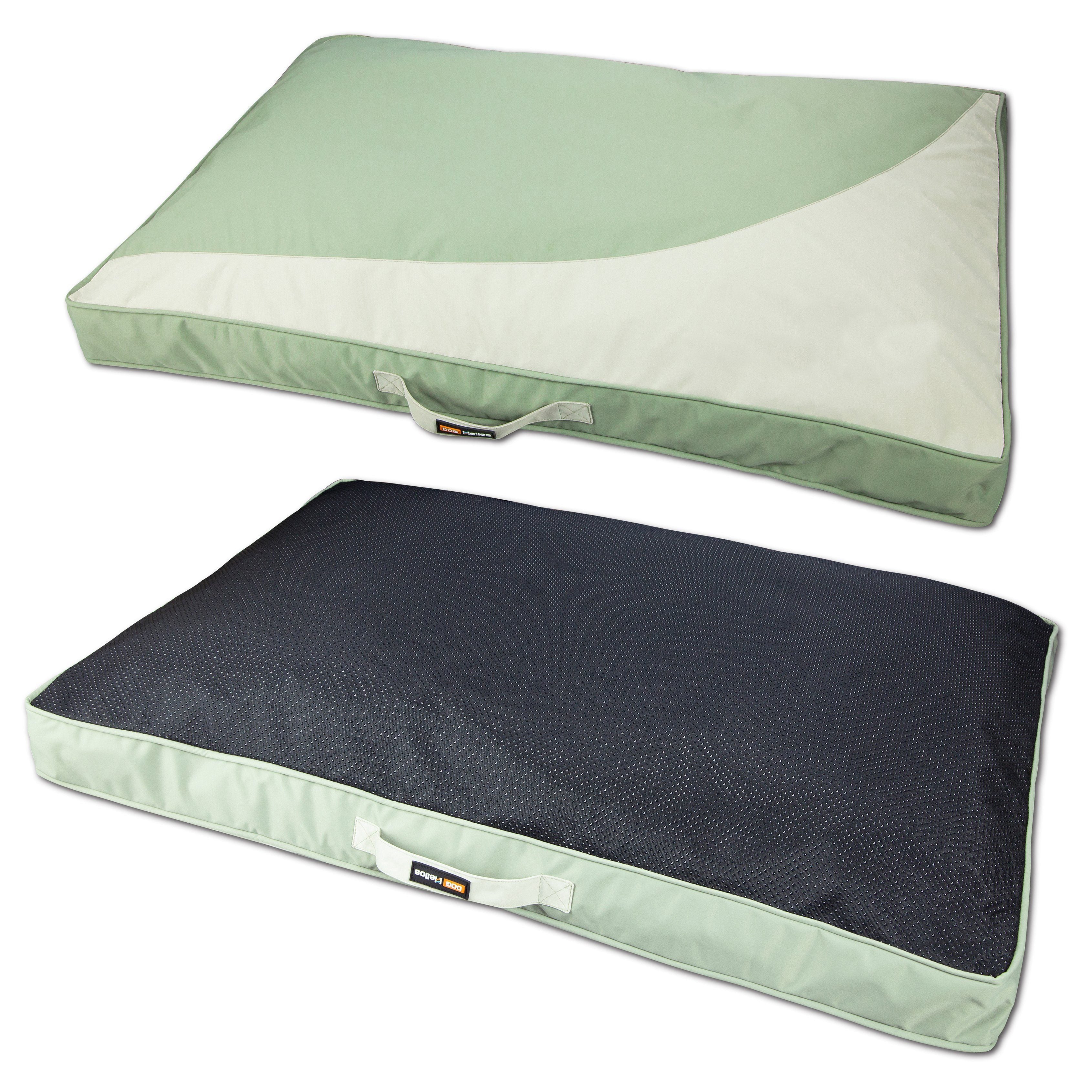 Green waterproof rectangular travel dog bed mat with white side panel and carry handle