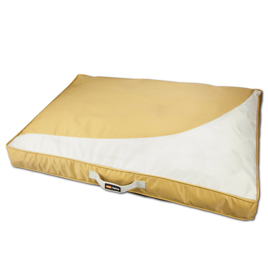 Yellow waterproof rectangular travel dog bed mat, light top with white side panel
