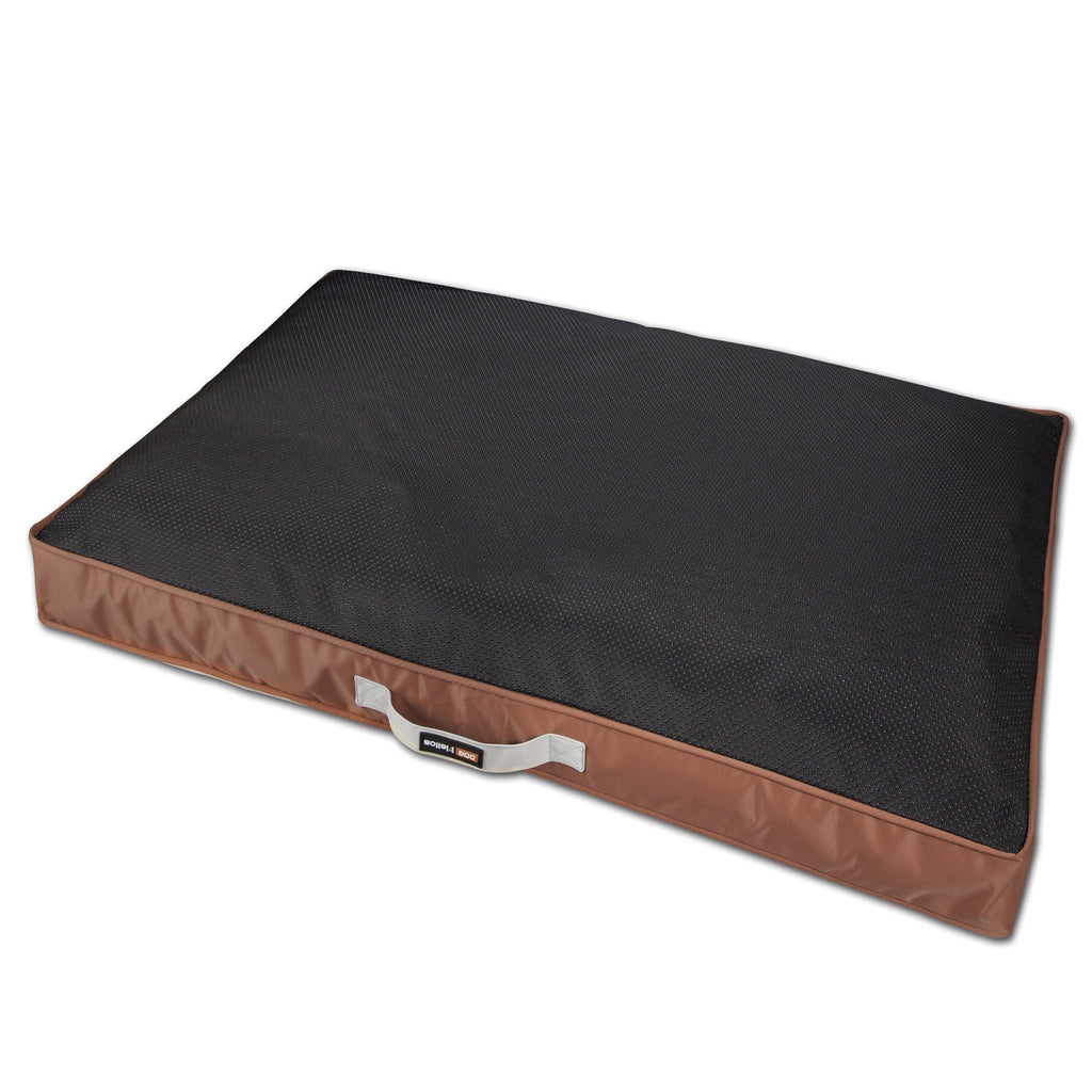 Dark charcoal waterproof rectangular travel dog bed mat with brown trim and handle