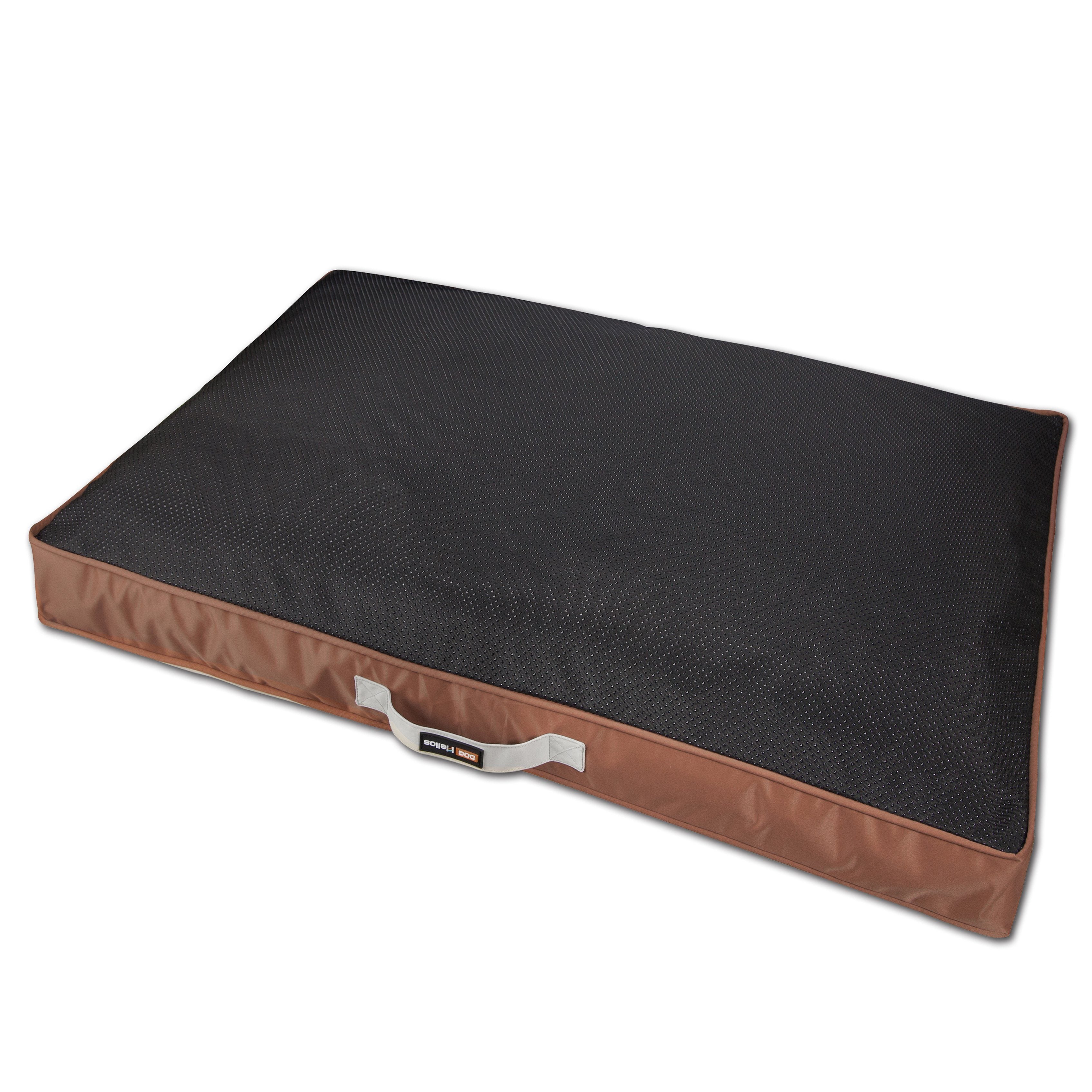 Dark charcoal waterproof rectangular travel dog bed mat with brown trim and handle