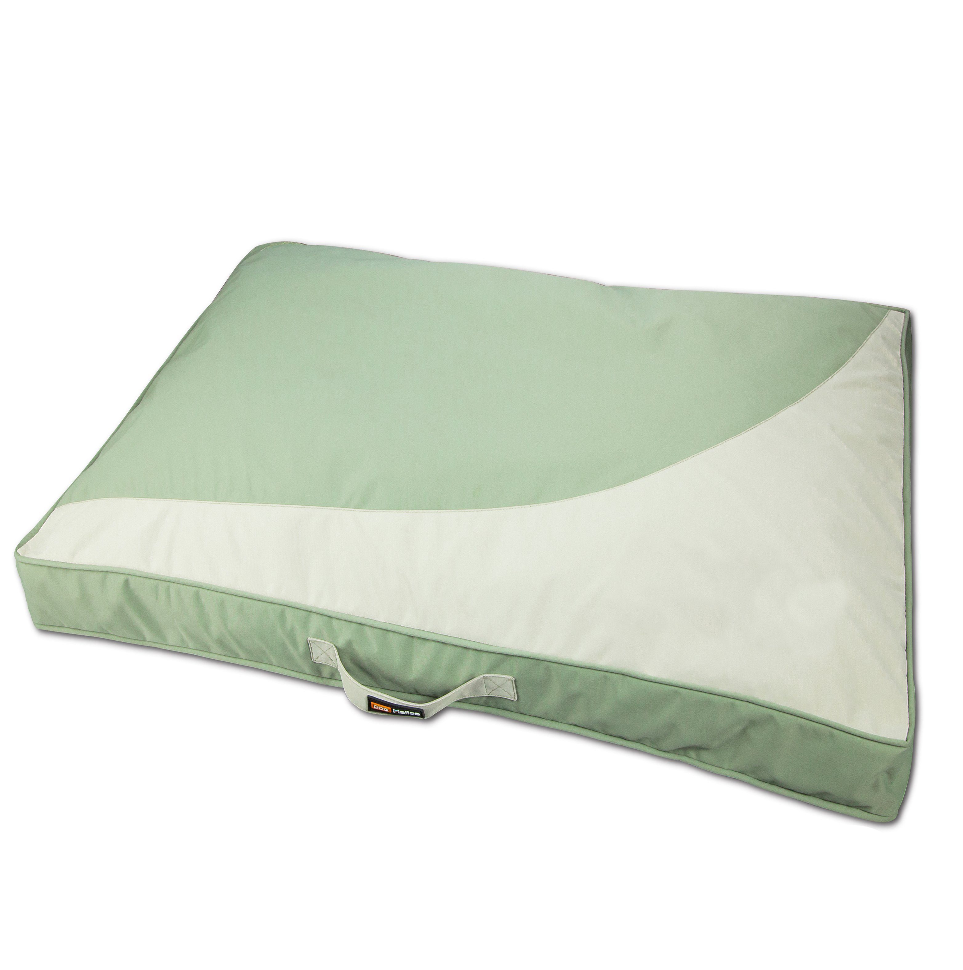 Green waterproof rectangular travel dog bed mat, light top with white side panel