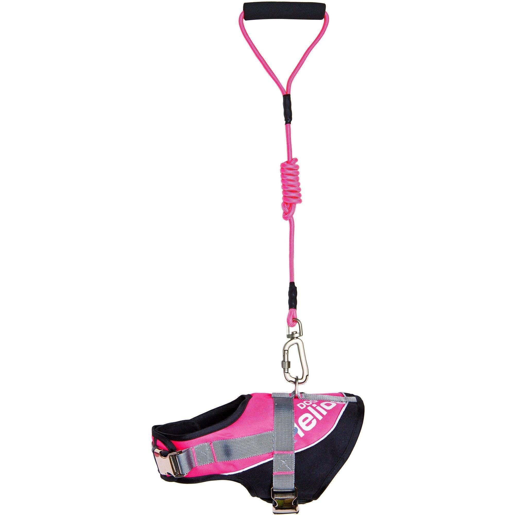 Pink reflective dog harness with matching leash cord and metal clasp, full view