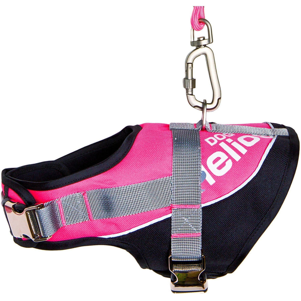 Pink reflective adjustable dog harness with gray straps and leash carabiner