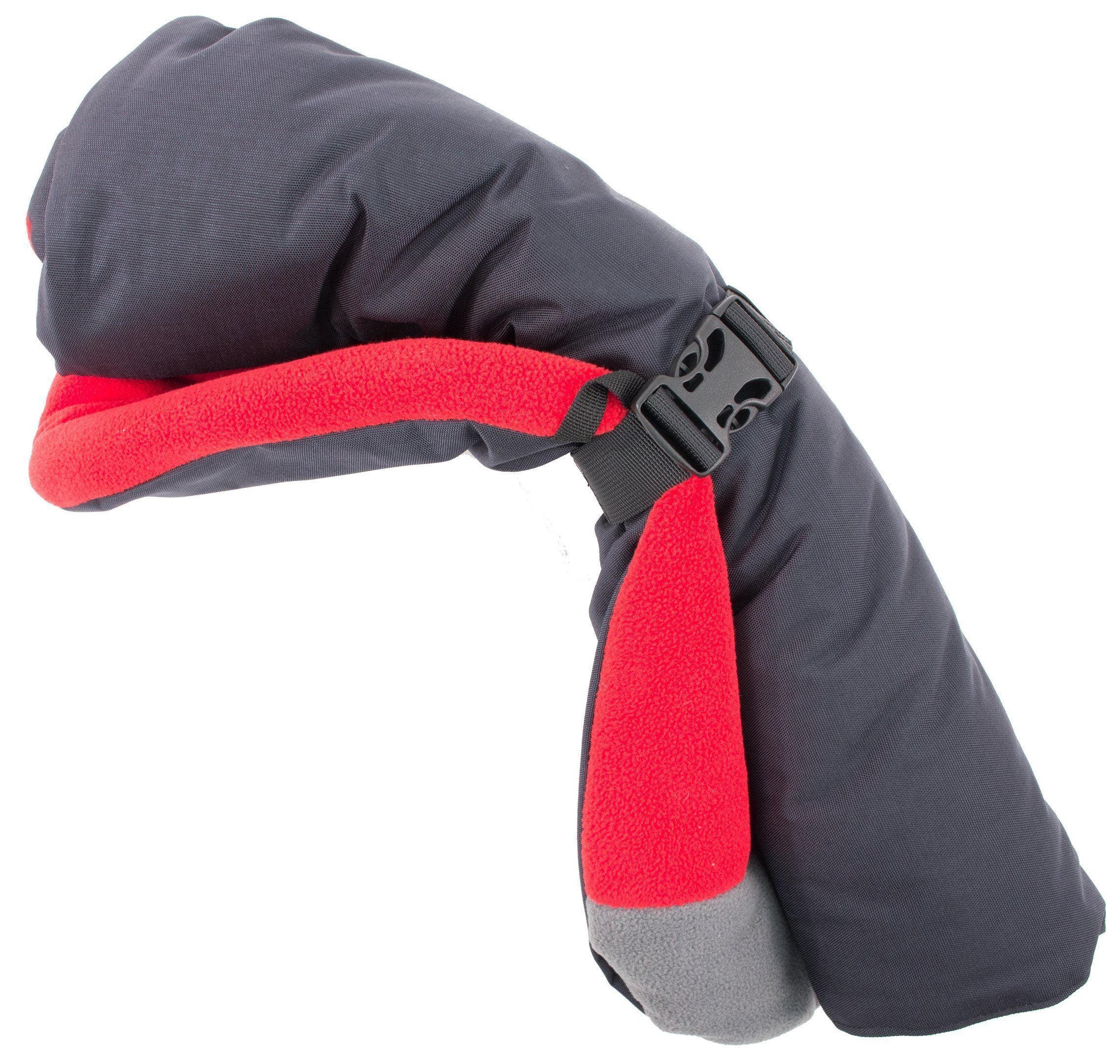 Folded reversible dog bed with dark gray outer and red fleece underside straps