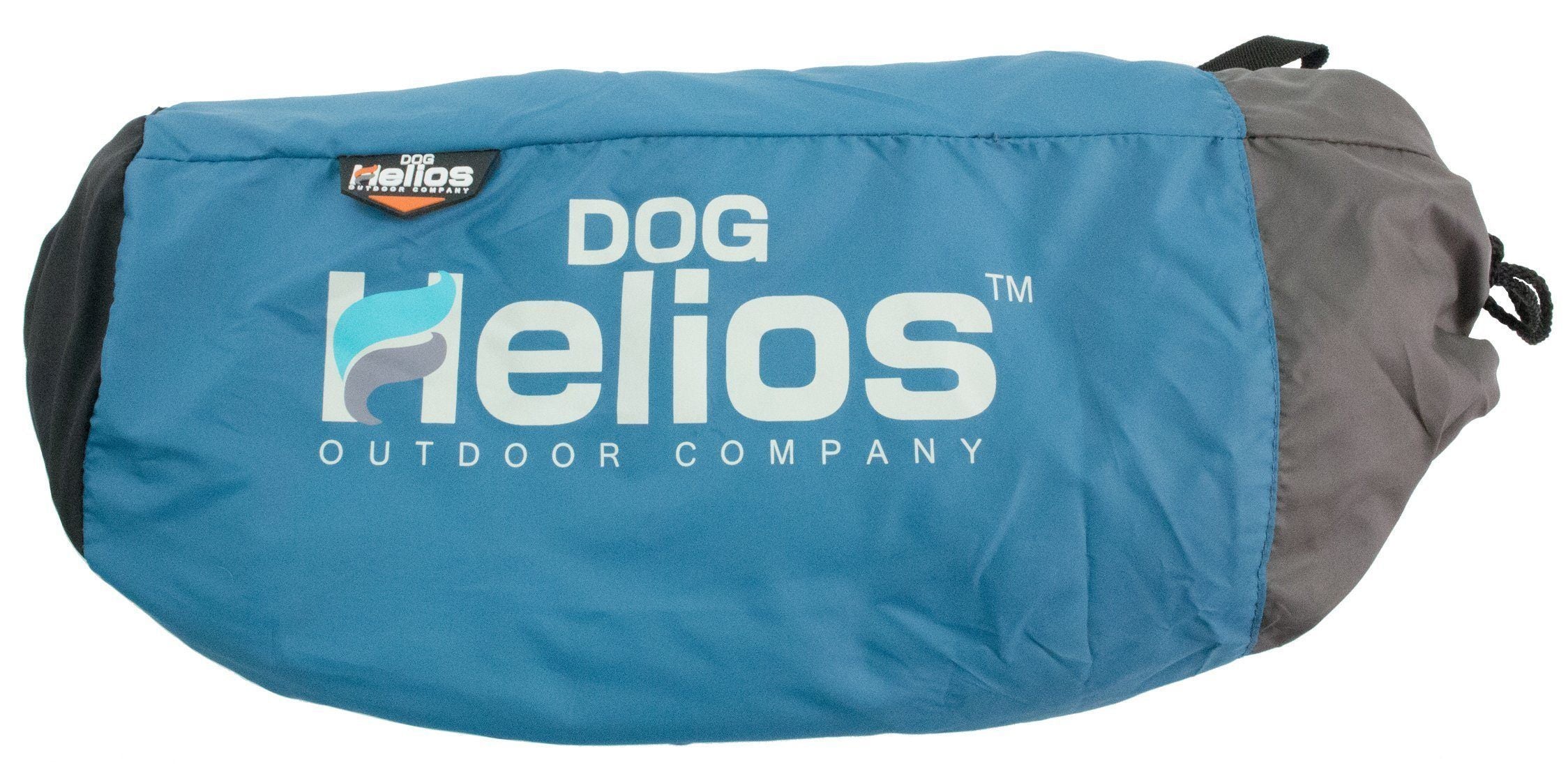 Rolled dog bed cover in blue fabric with DOG Helios outdoor company logo