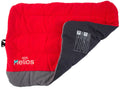Reversible dog bed with red fleece top and dark gray outer panel with label pocket