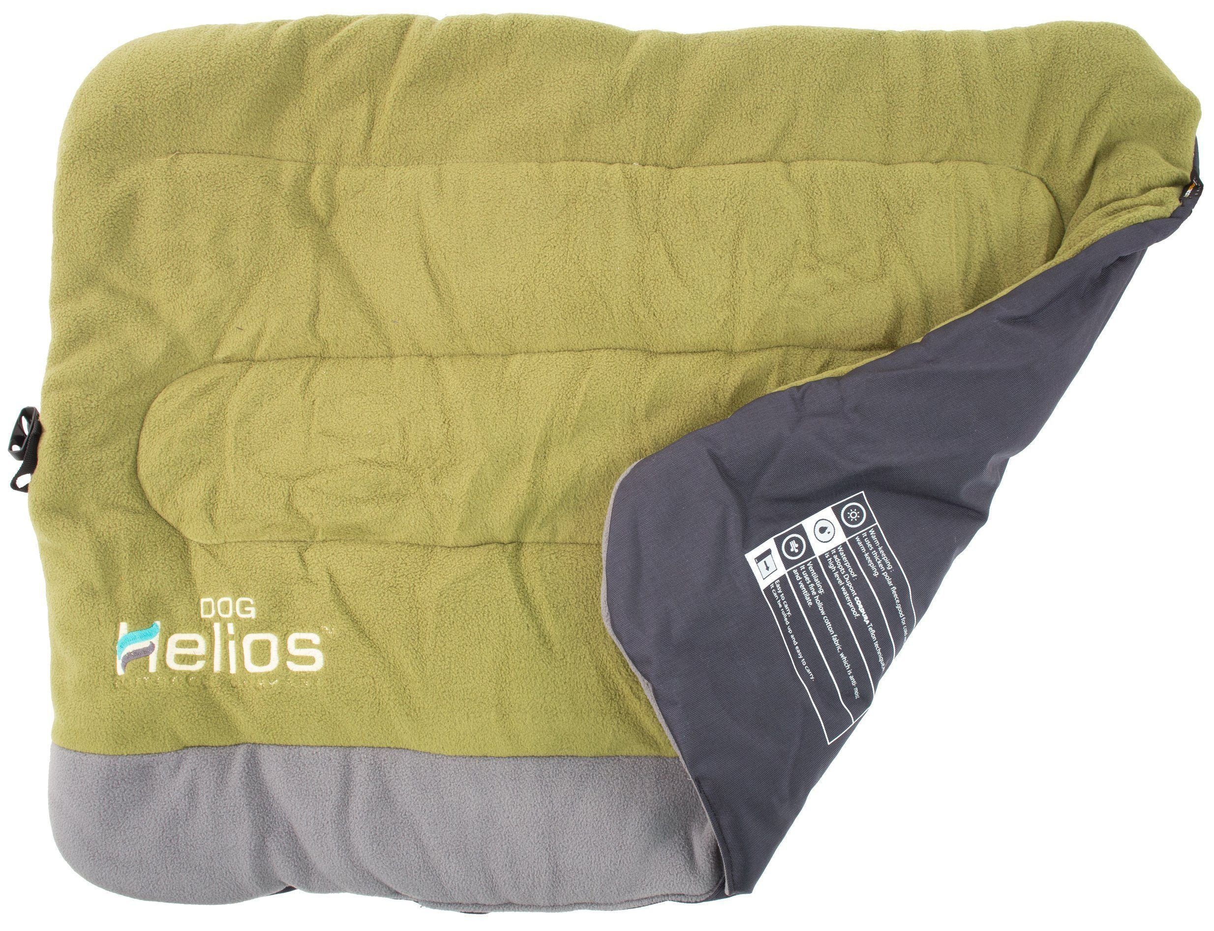 Reversible dog bed with olive green fleece top and dark gray side panel with label